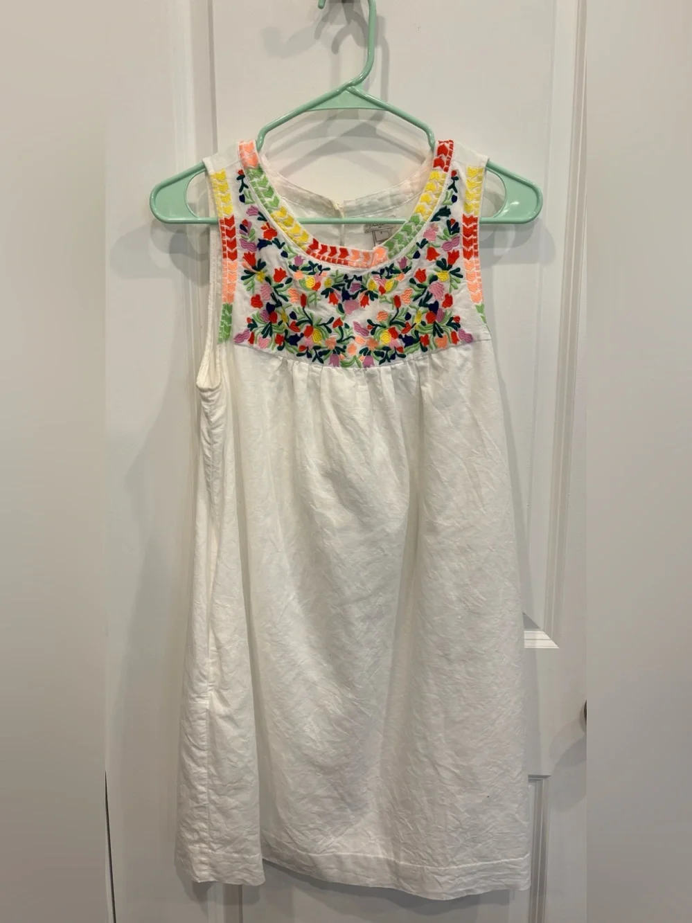 J. Crew White Midi Dress with Multicolor Embroidered Yoke